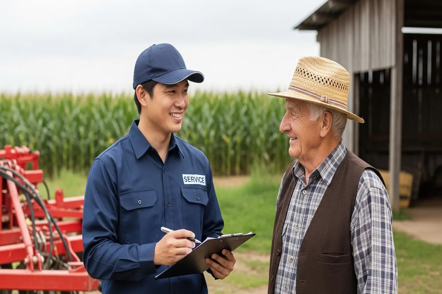 Service technician assisting a farmer with their equipment