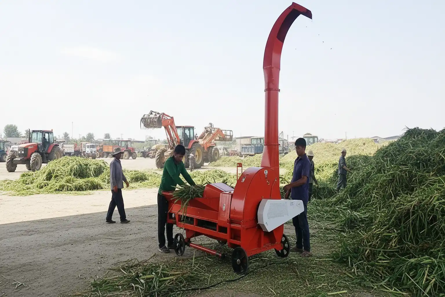Men operating a red chaff cutter machine outdoors with tractors in the background processing crop.