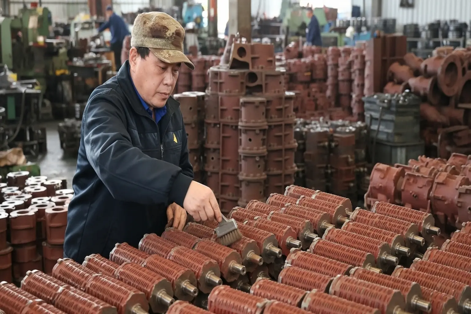 Worker inspecting red machine rollers