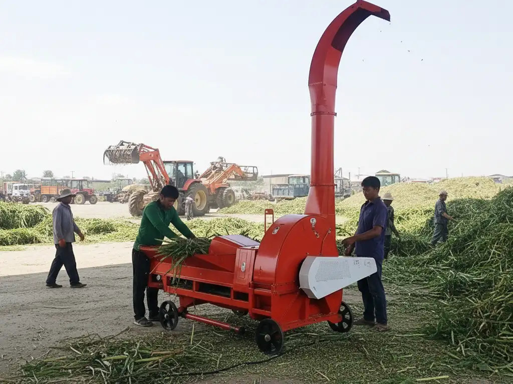 Heavy-duty orange chaff cutter machine chopping green forage into silage at a large-scale dairy farm