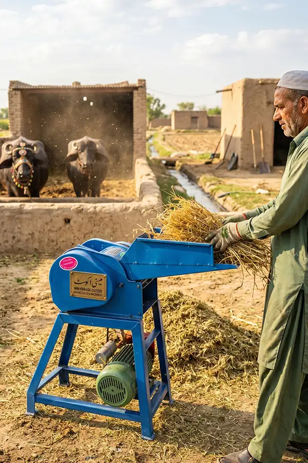 Chaff cutter machine operating in Punjab Pakistan family farm