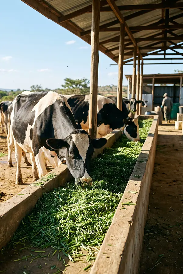 Dairy farm operator in Kenya using chaff cutter to slice Napier grass