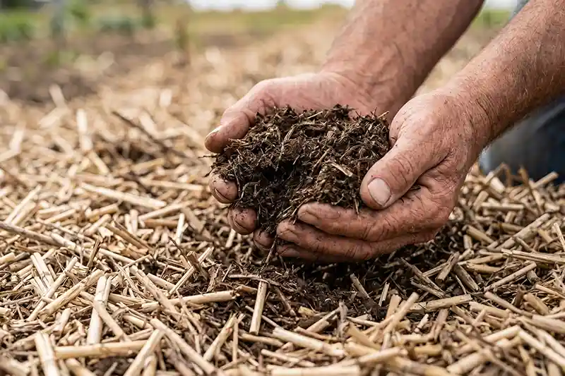 Finely shredded crop straw and organic agricultural residues mulched by a tractor driven fodder shredder