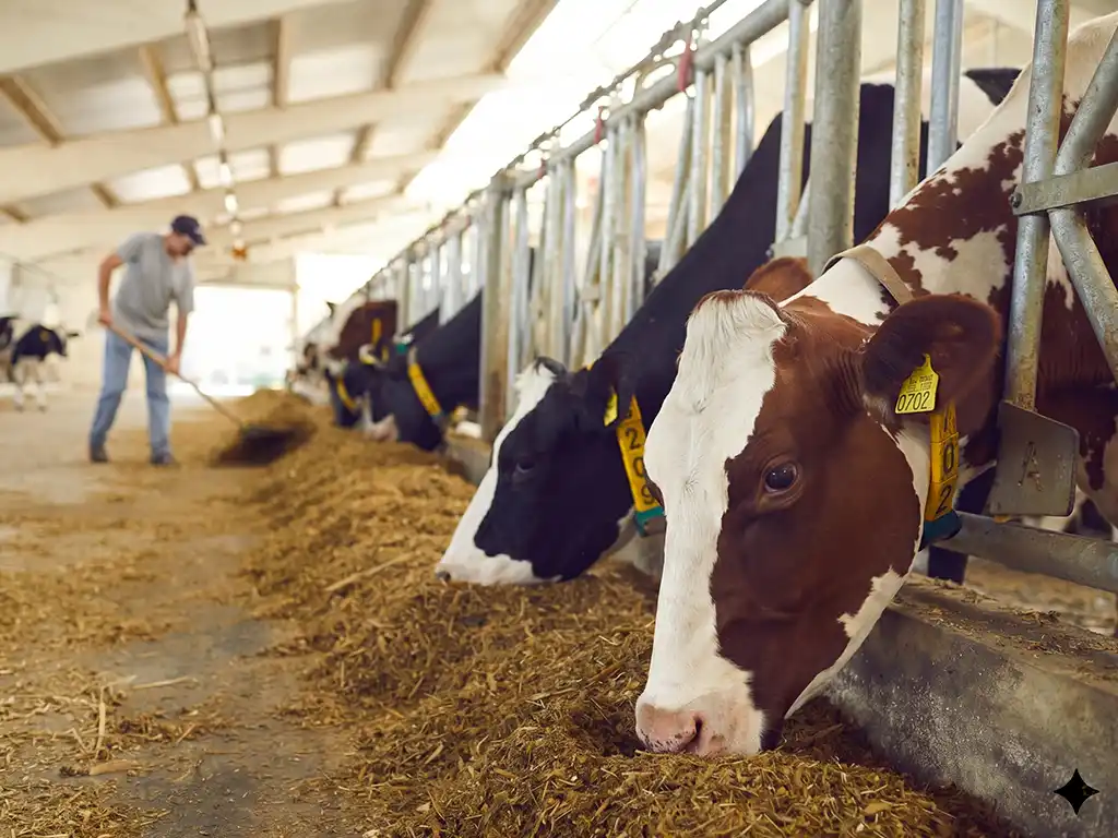 Healthy dairy cows eating finely chopped corn silage produced by industrial chaff cutter