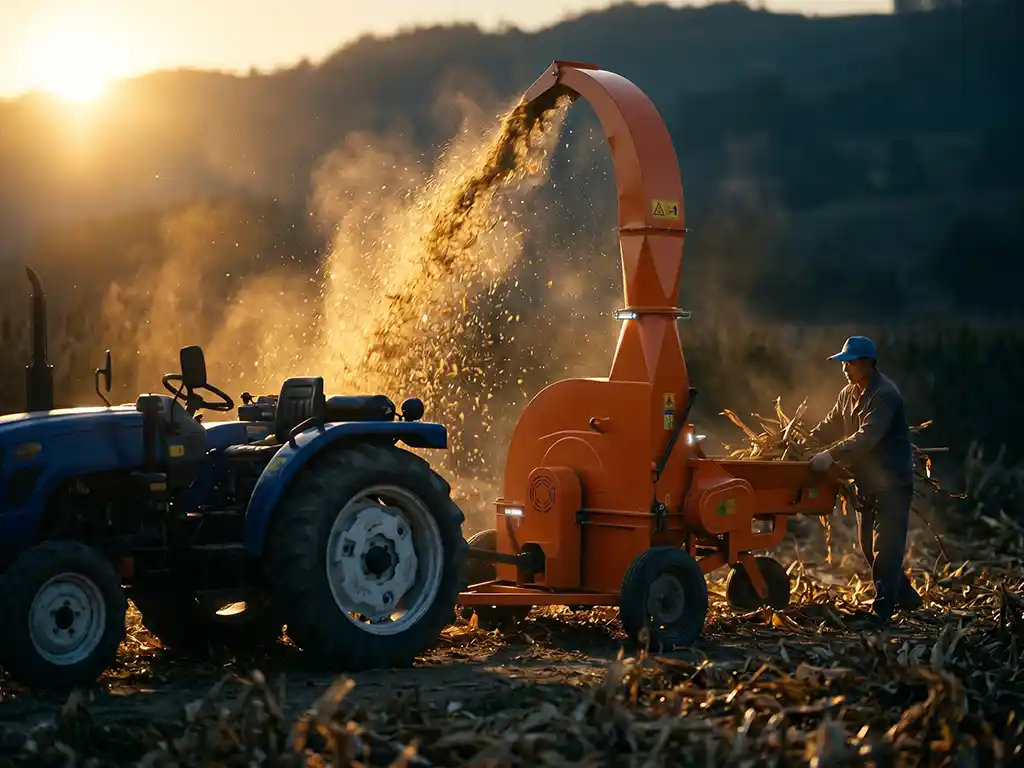 Heavy-duty tractor driven chaff cutter machine connected via PTO cardan shaft operating on a remote dairy farm