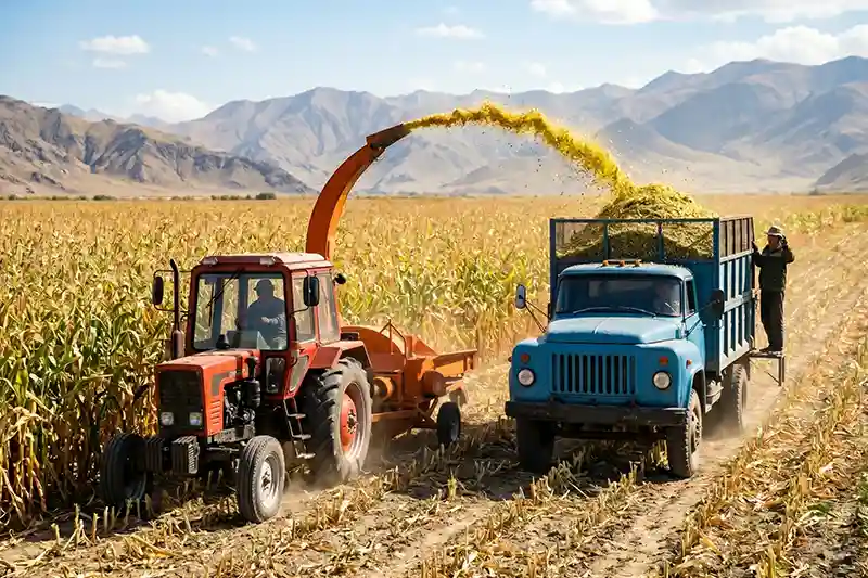 Tractor driven chaff cutter trailing and harvesting corn stalks directly in off-grid farmlands