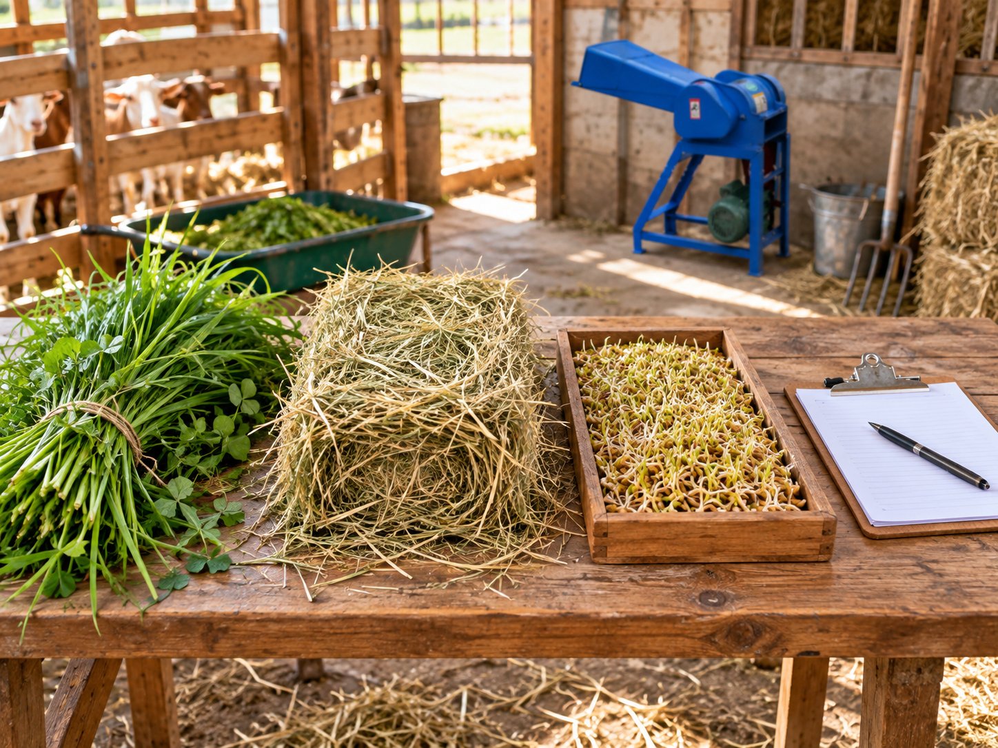 Separated pasture forage, hay, sprouts and feed planning supplies