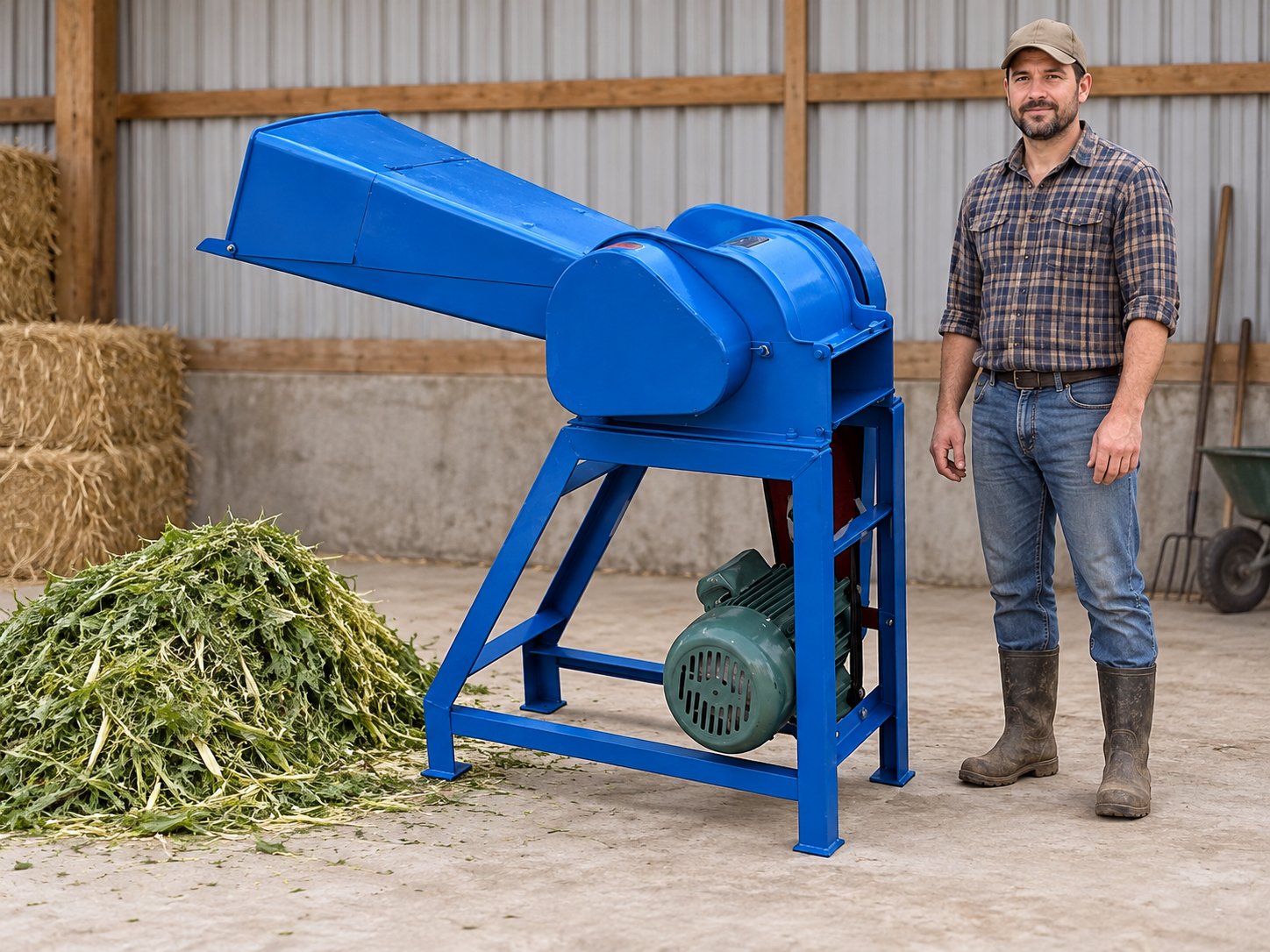 Stopped compact blue Forage Chopper in a clean small-farm shed