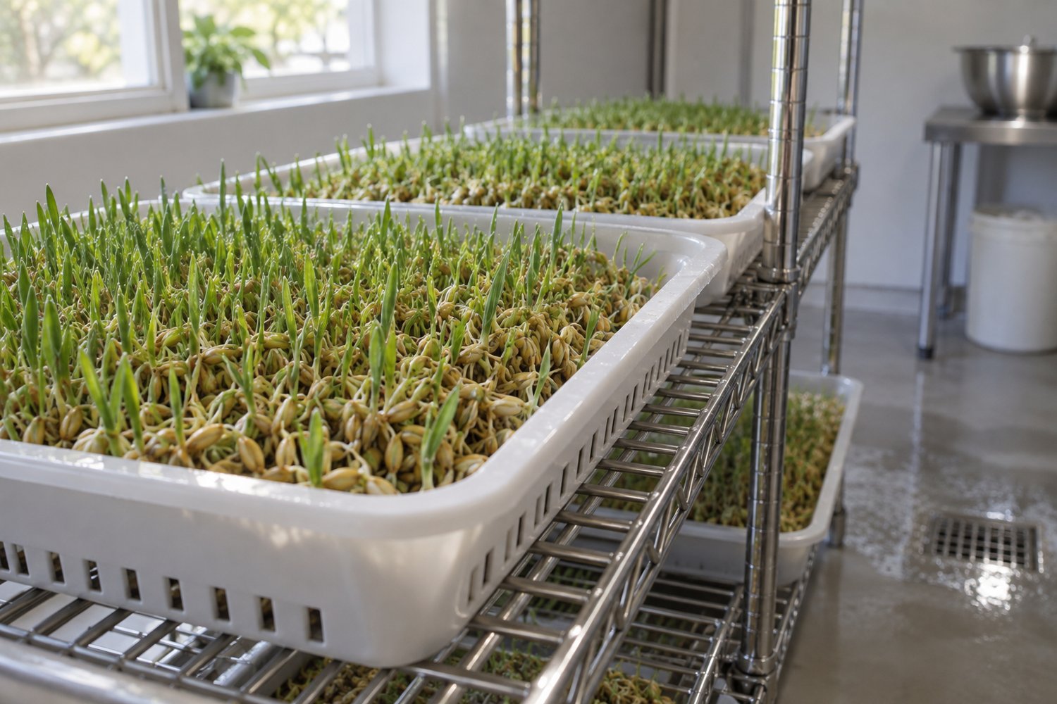 Close view of a clean sprouted grain tray on an open rack