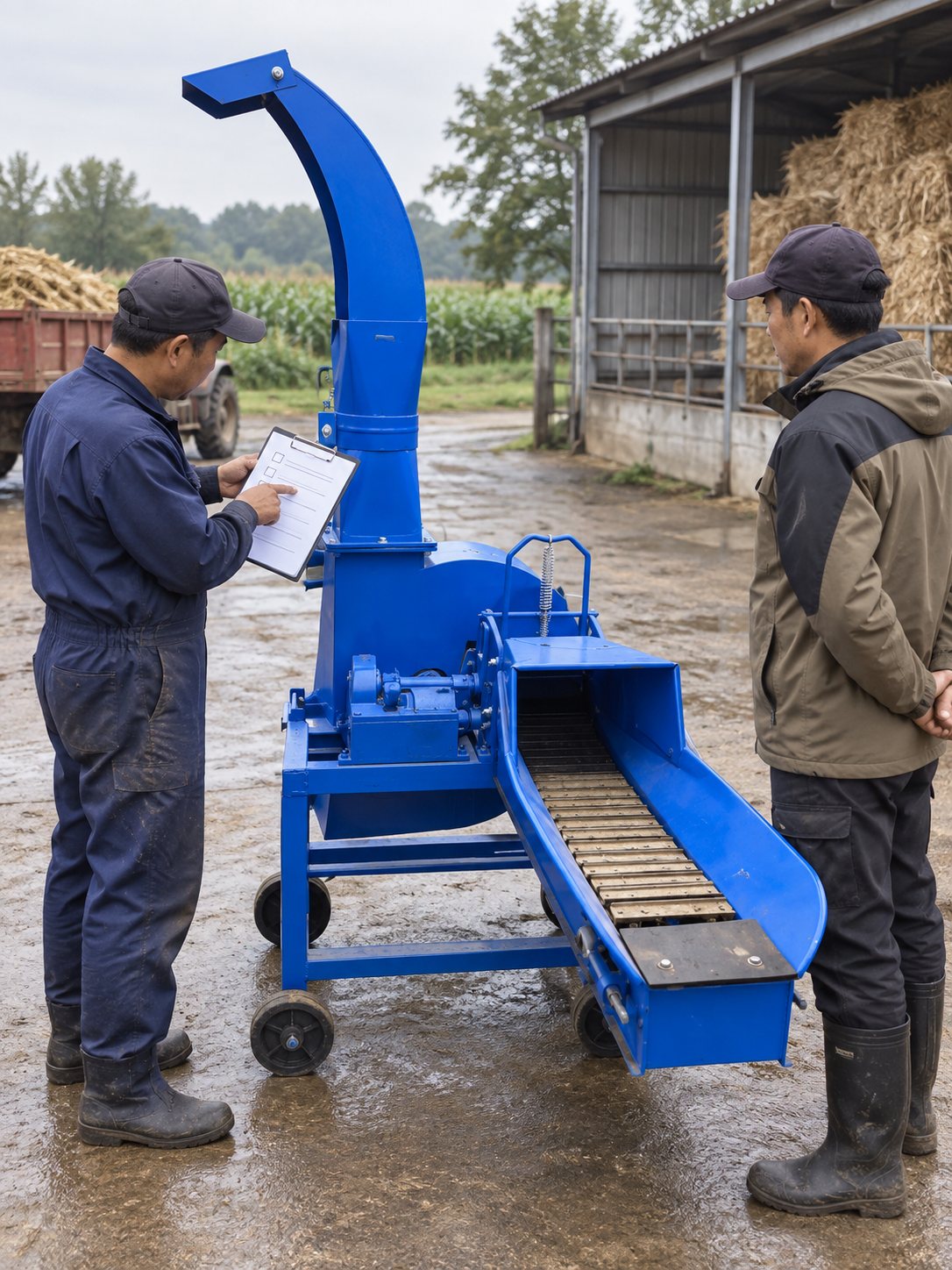 Operator reviewing a Forage Chopper checklist beside a stopped machine