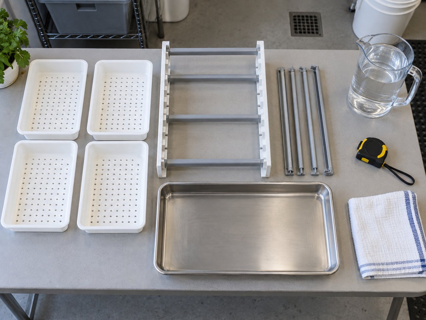 Food-safe trays and modular rack parts arranged for setup