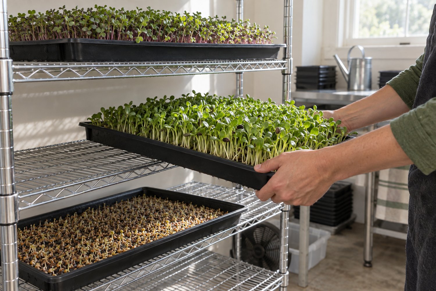 Three sprout trays at different growth stages on a clean rack