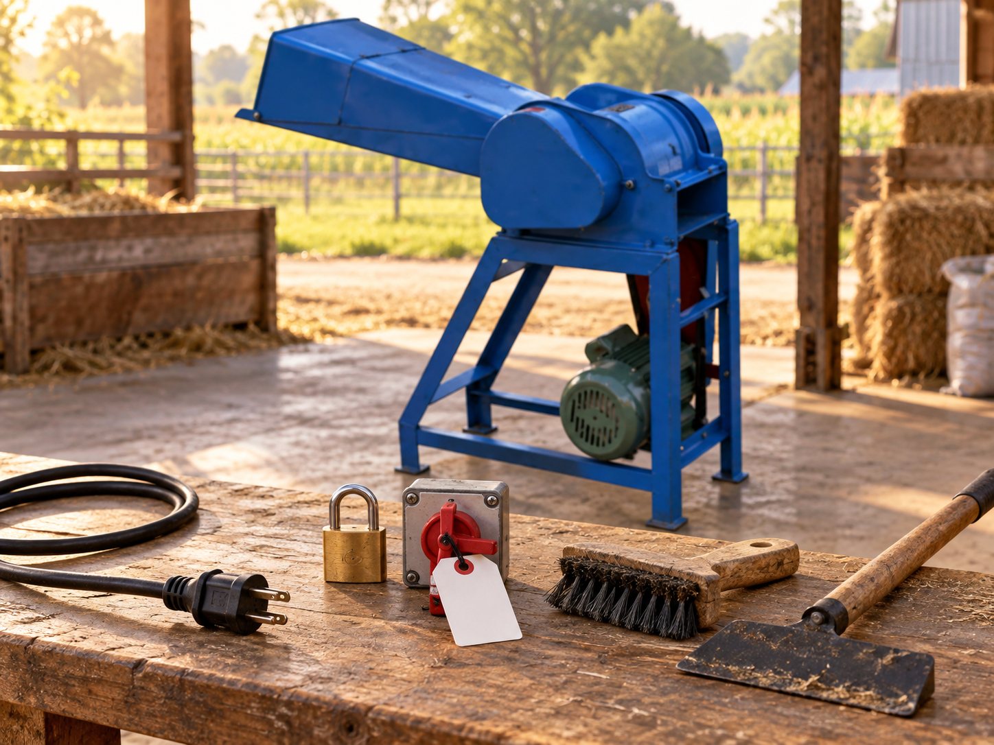Unplugged blue cutting machine with maintenance tools nearby