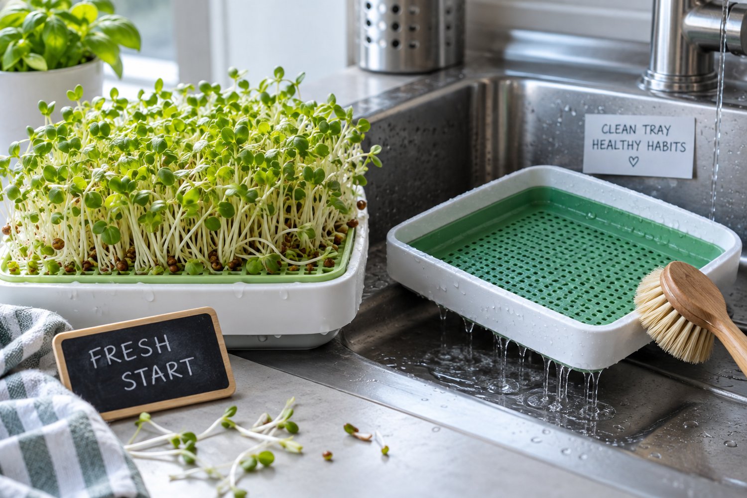 Clean sprout tray, empty washable tray and brush at a sink