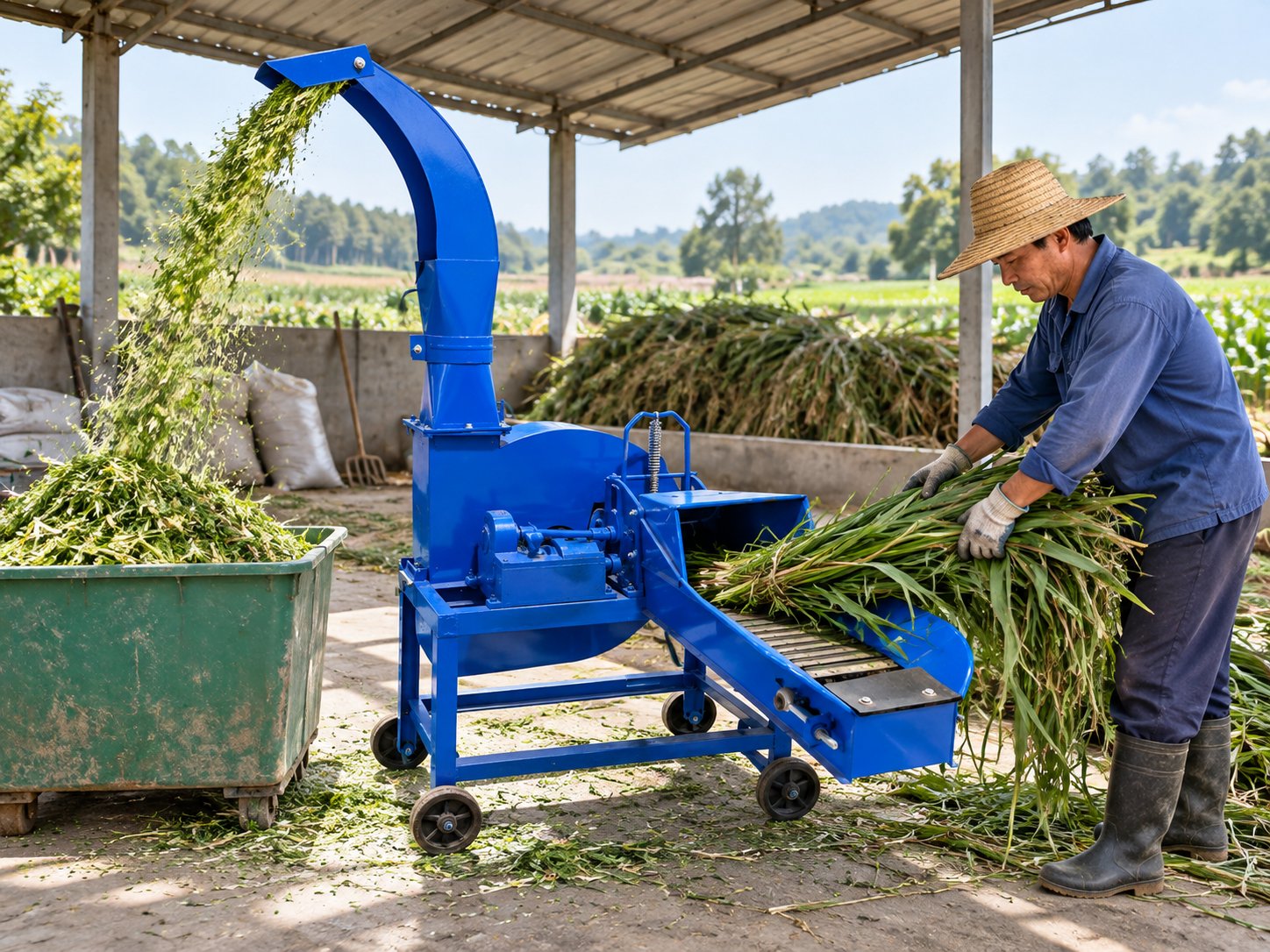 Blue stationary chopper processing harvested field grass at a safe feed position