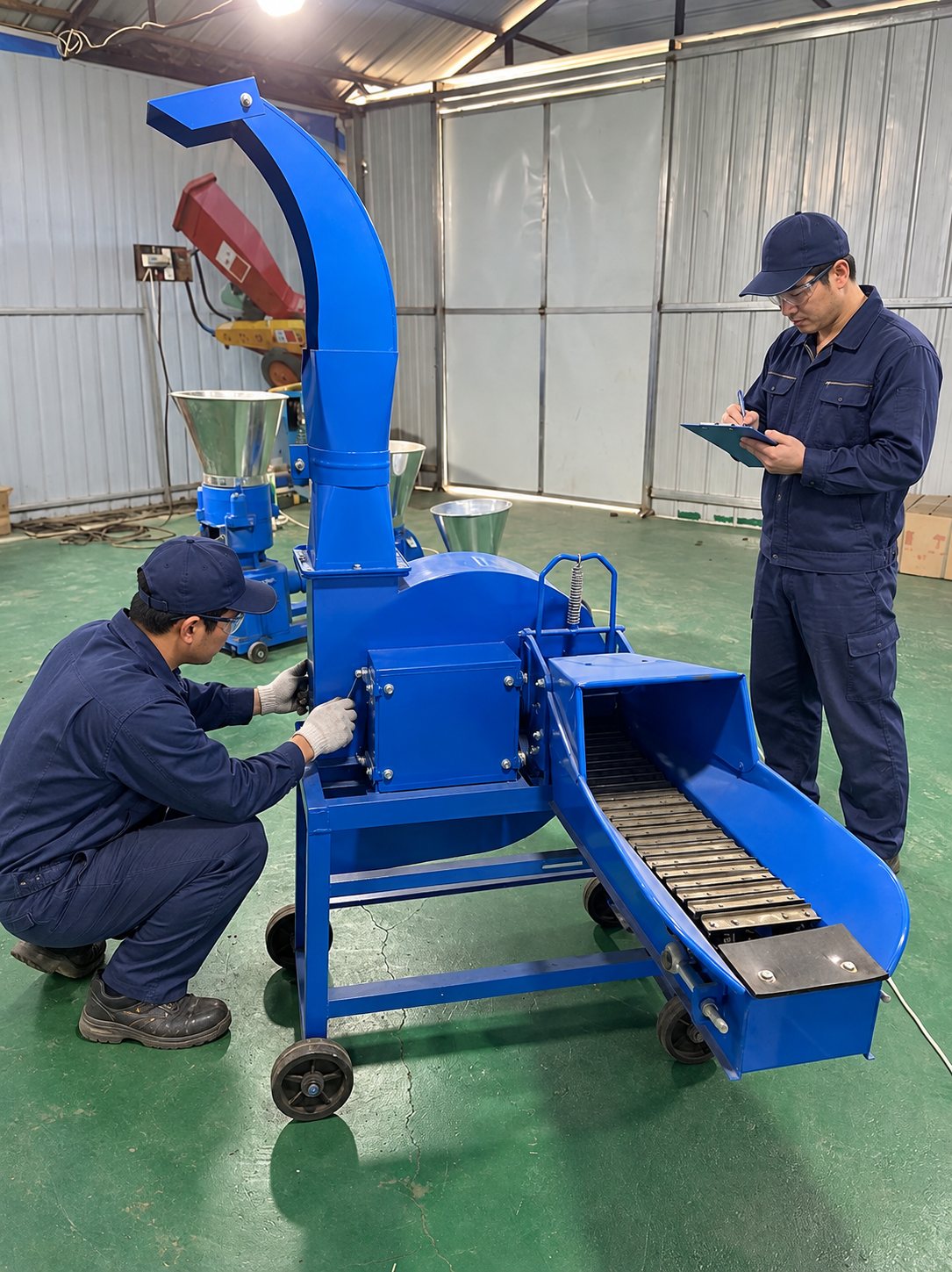 Pre-start inspection of a blue forage chopper in a farm workshop