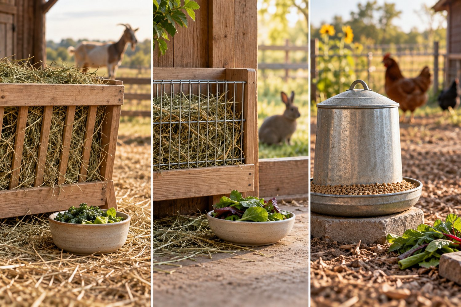 Separate feed presentations for goats, rabbits and poultry