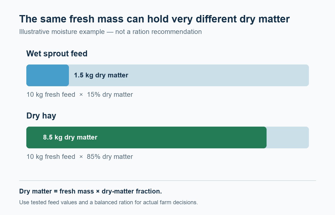 Illustrative comparison of fresh weight and dry matter in wet sprouts and hay