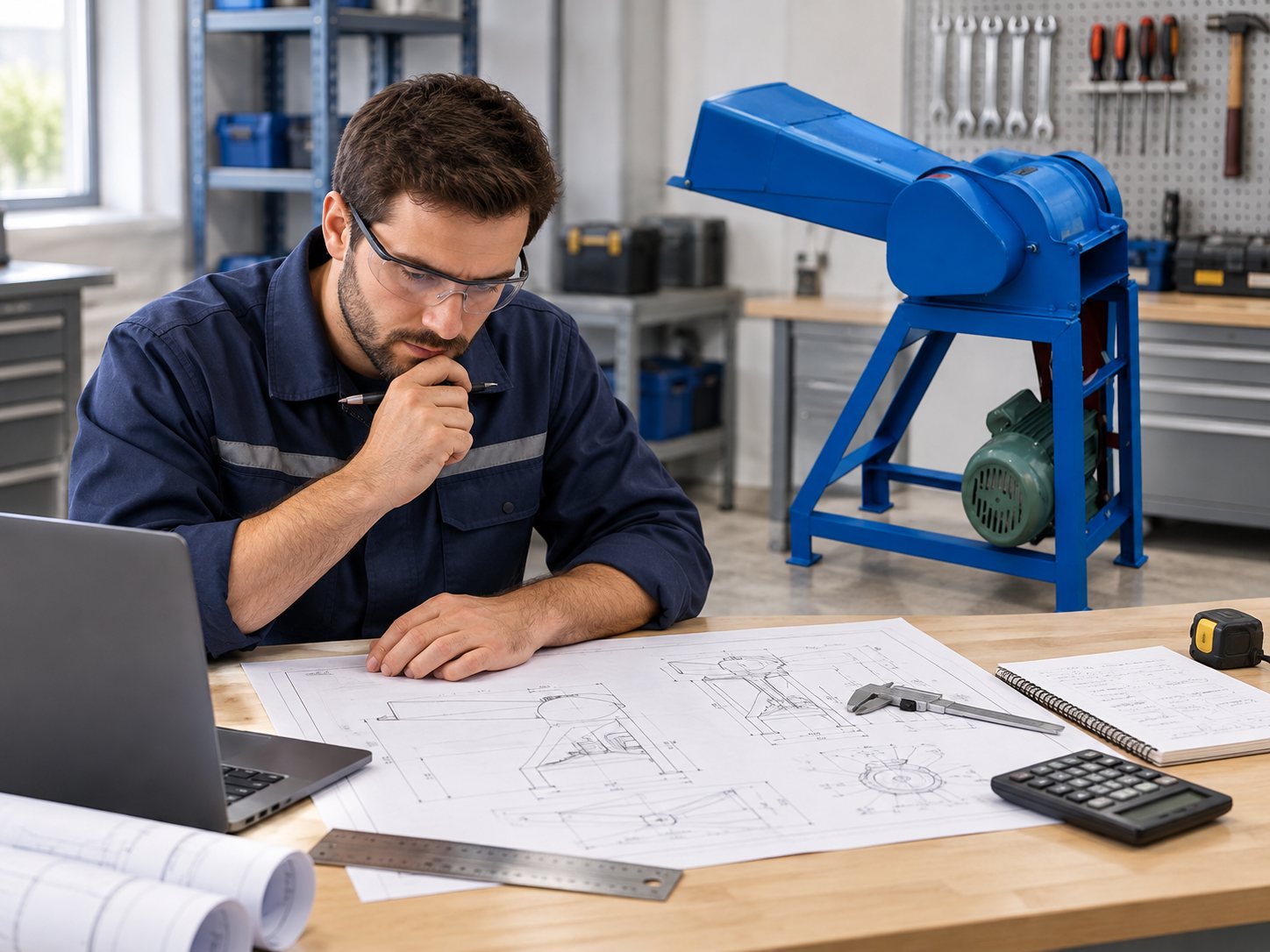 Engineer reviewing a stopped blue machine and guard drawings