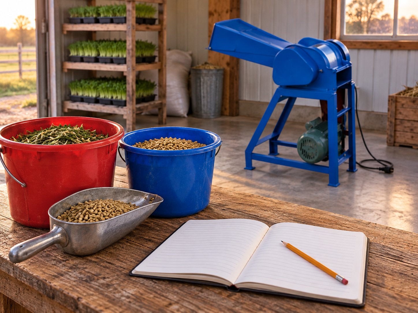 Small-farm feed log with a stopped blue cutter in the background