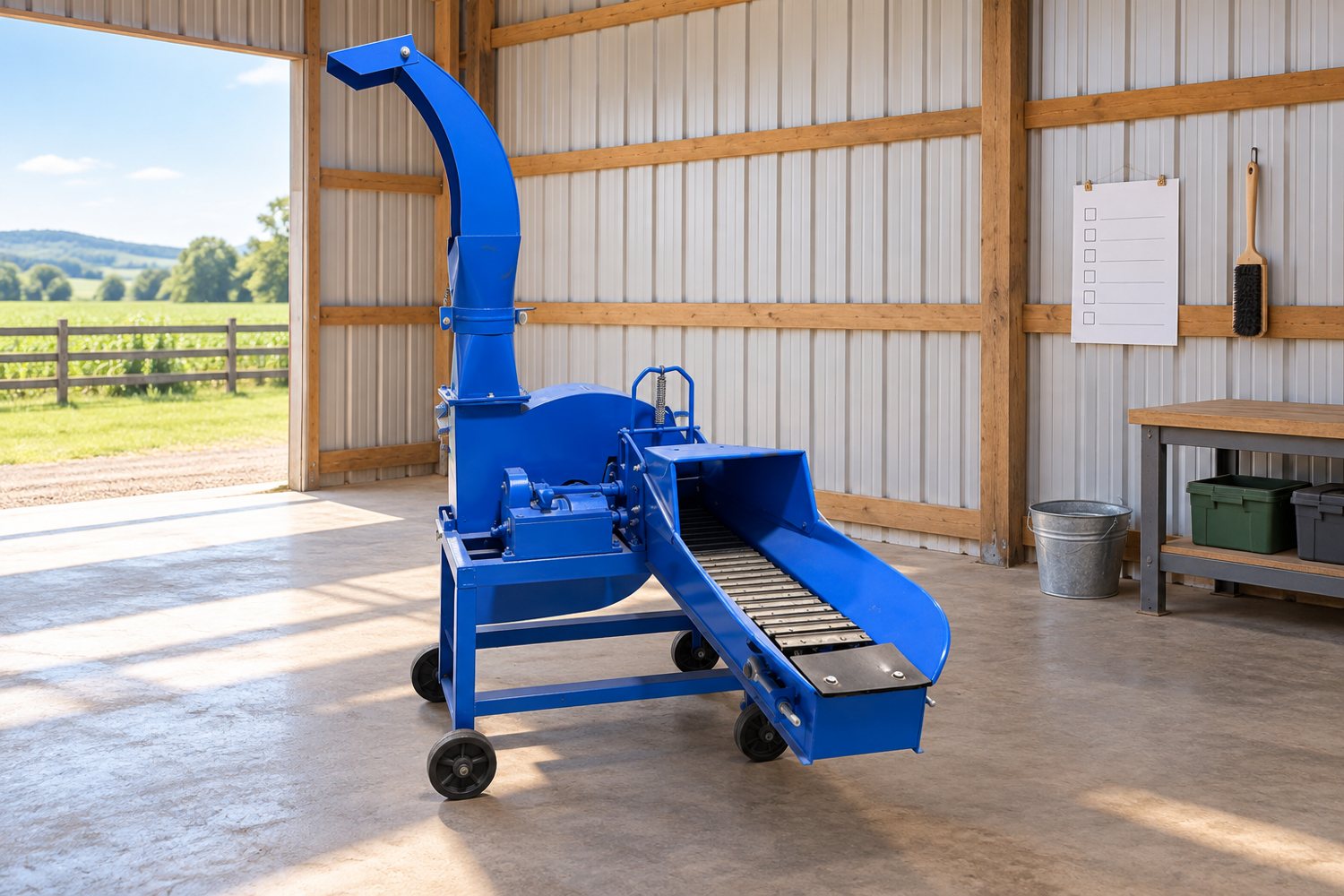 Quiet farmyard scene with stopped equipment and safety checklist