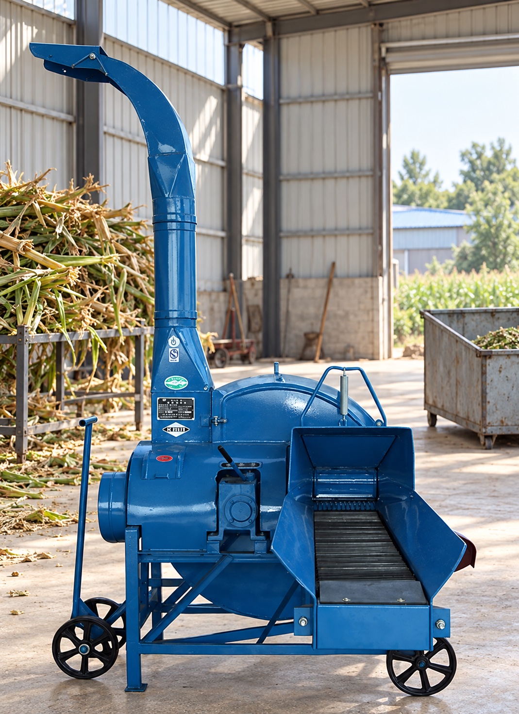 Chaff Cutter Machine based on the supplied blue machine with feed conveyor and curved discharge spout