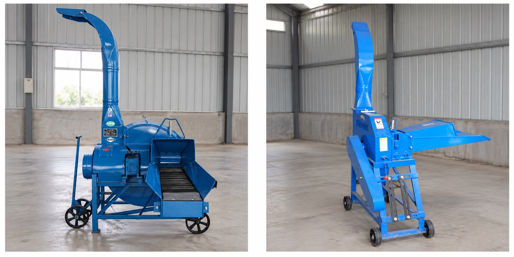 Two supplied blue forage-processing configurations shown as product-reference examples