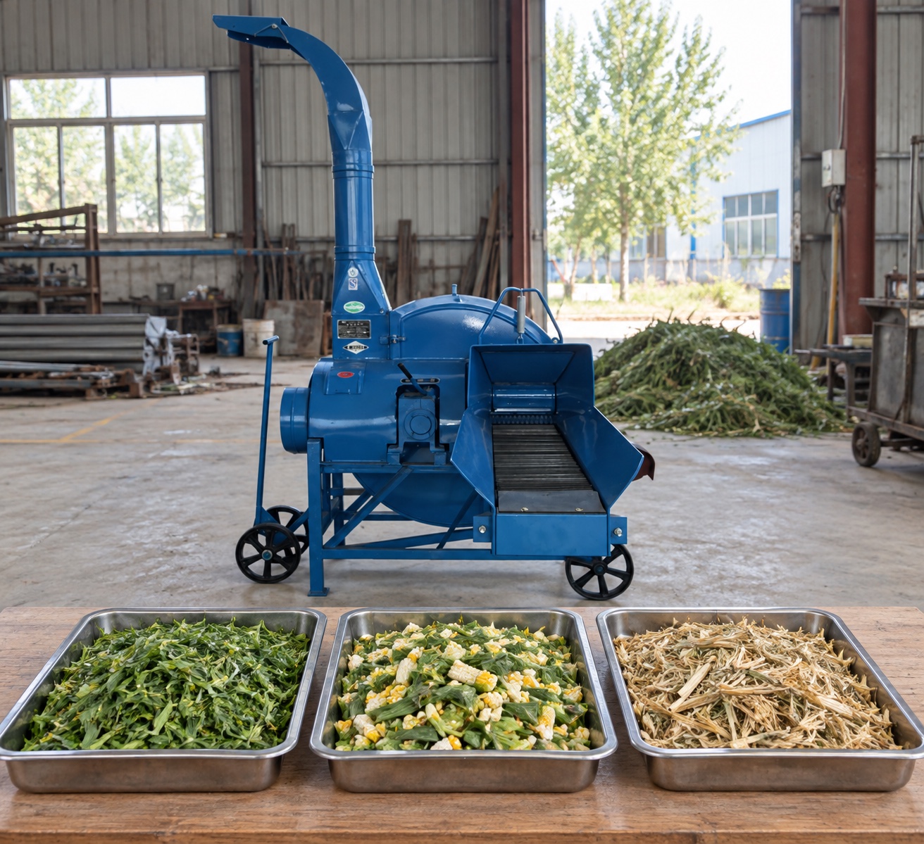 Forage samples beside the supplied blue Chaff Cutter Machine for assessing cutting quality