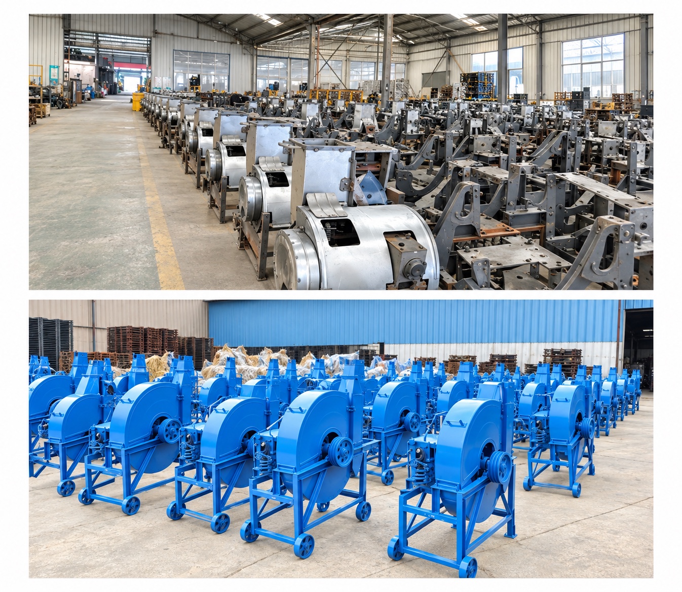 Factory illustration based on supplied photographs of metal housings and blue frames at different assembly stages