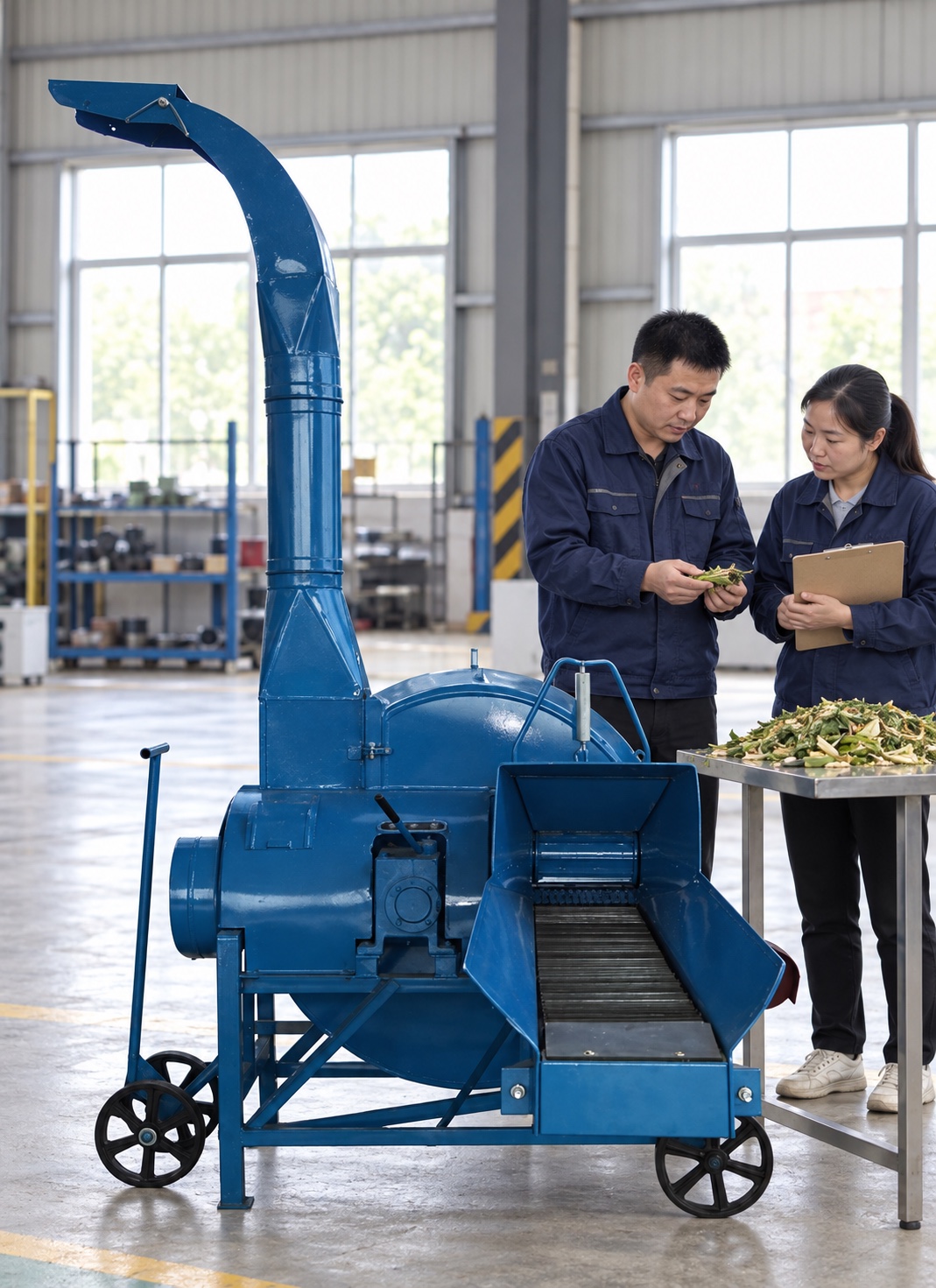 Buyer reviewing the supplied blue forage equipment before a material trial