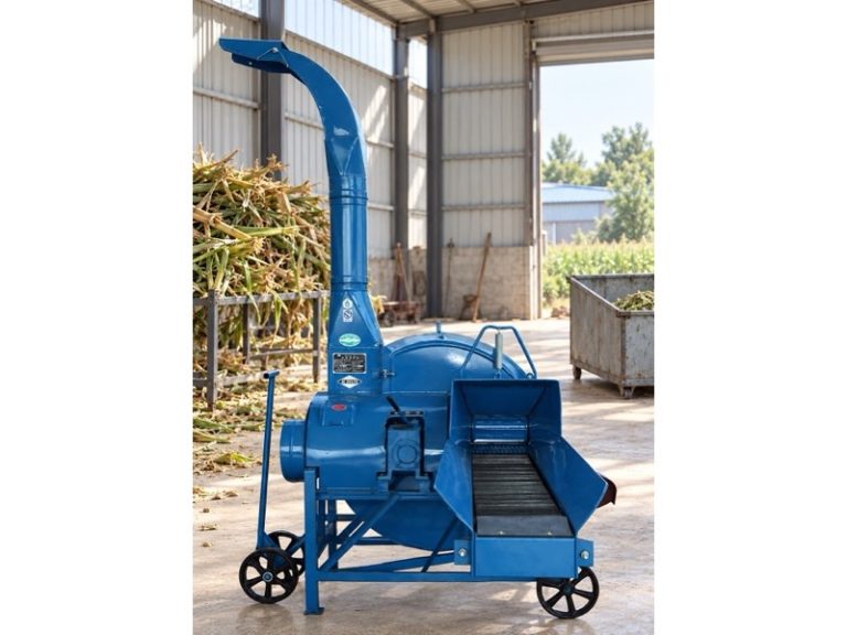 Blue Chaff Cutter Machine with feed conveyor and curved discharge spout, based on supplied product photography
