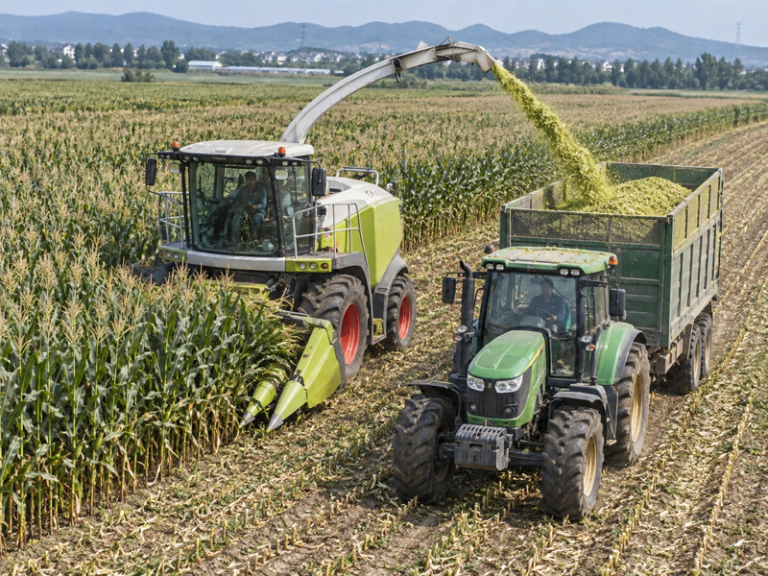 Maize silage harvesting and chopping equipment loading freshly chopped corn into a trailer