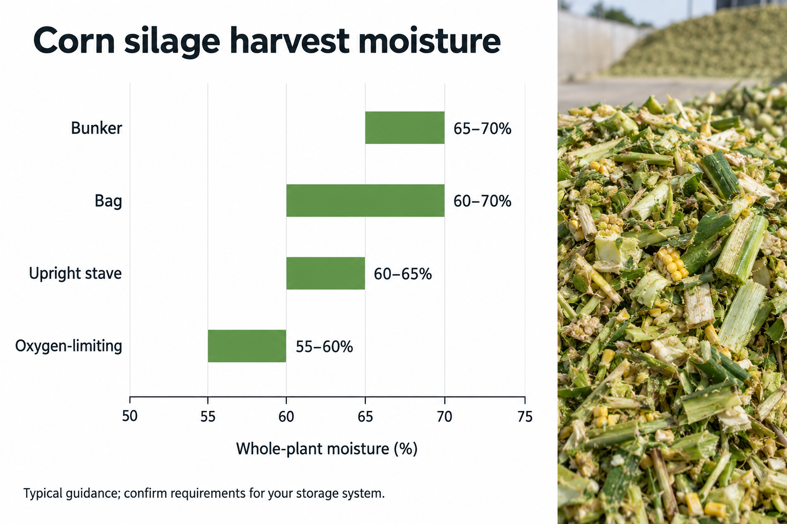 Chart of typical corn silage harvest moisture ranges by storage type