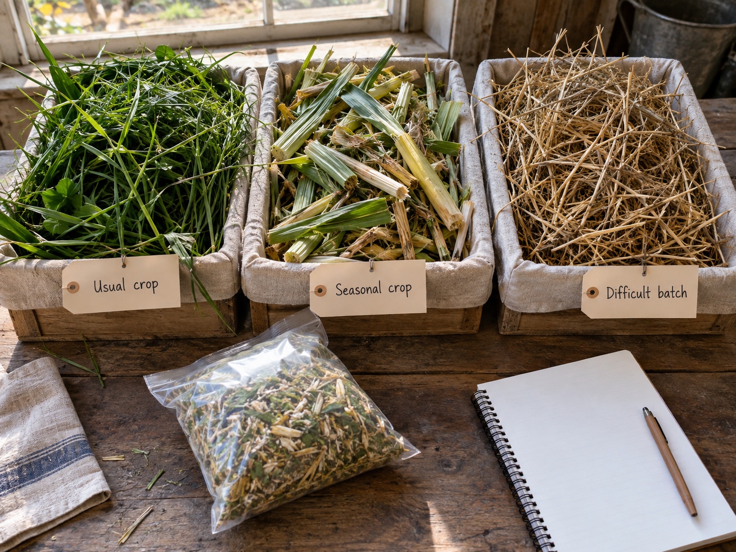 Representative seasonal fodder samples labeled for a purchasing trial
