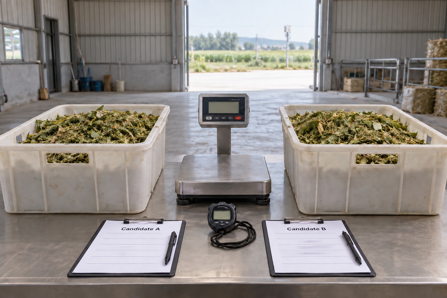 Equal crop batches, a scale and blank run sheets prepared for a fair machine comparison