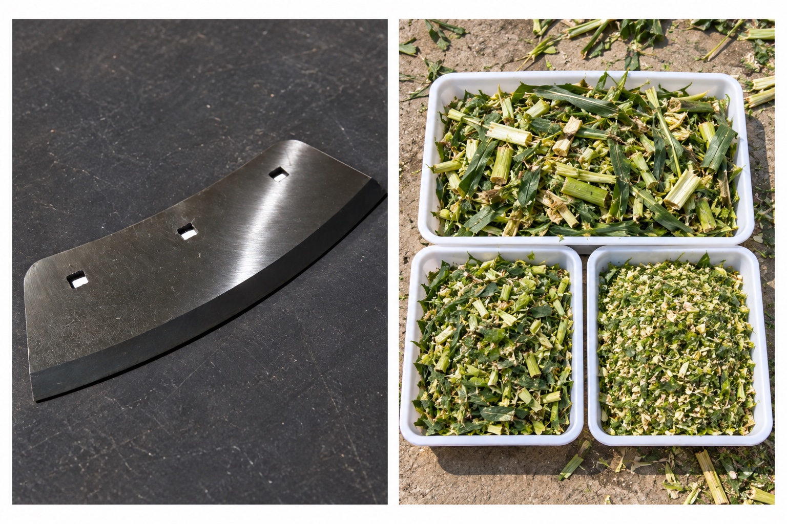 Chaff Cutter machine quality checks combining a real replacement blade and forage samples