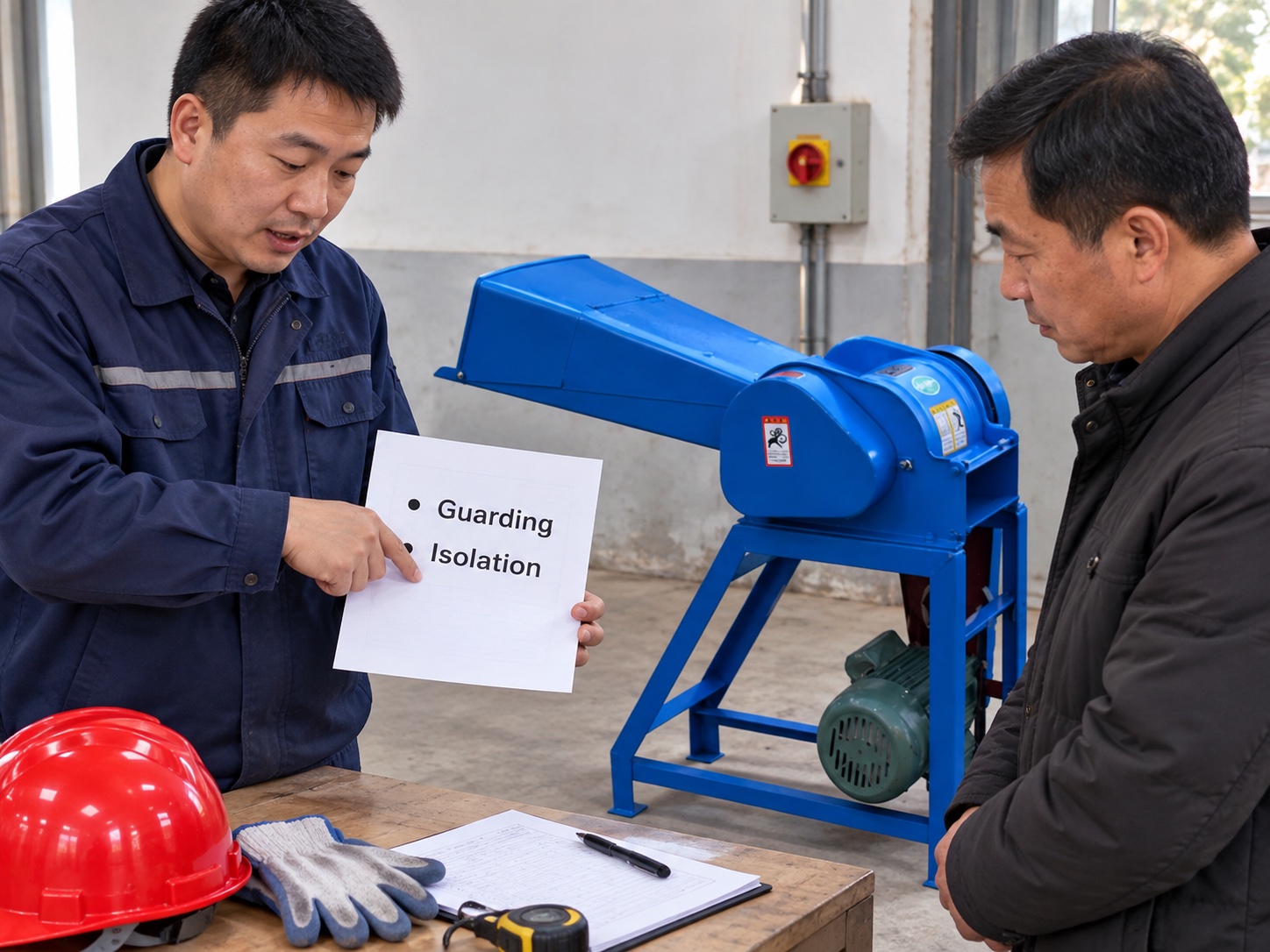 Operator reviewing guarding and isolation requirements before a machine trial