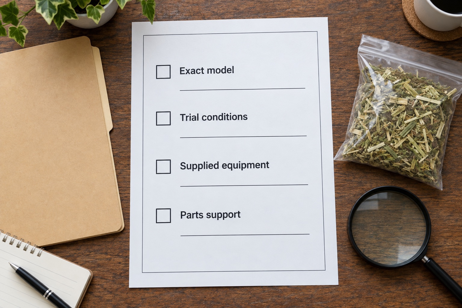 Documentary evidence checklist for machine identity, test conditions and parts support