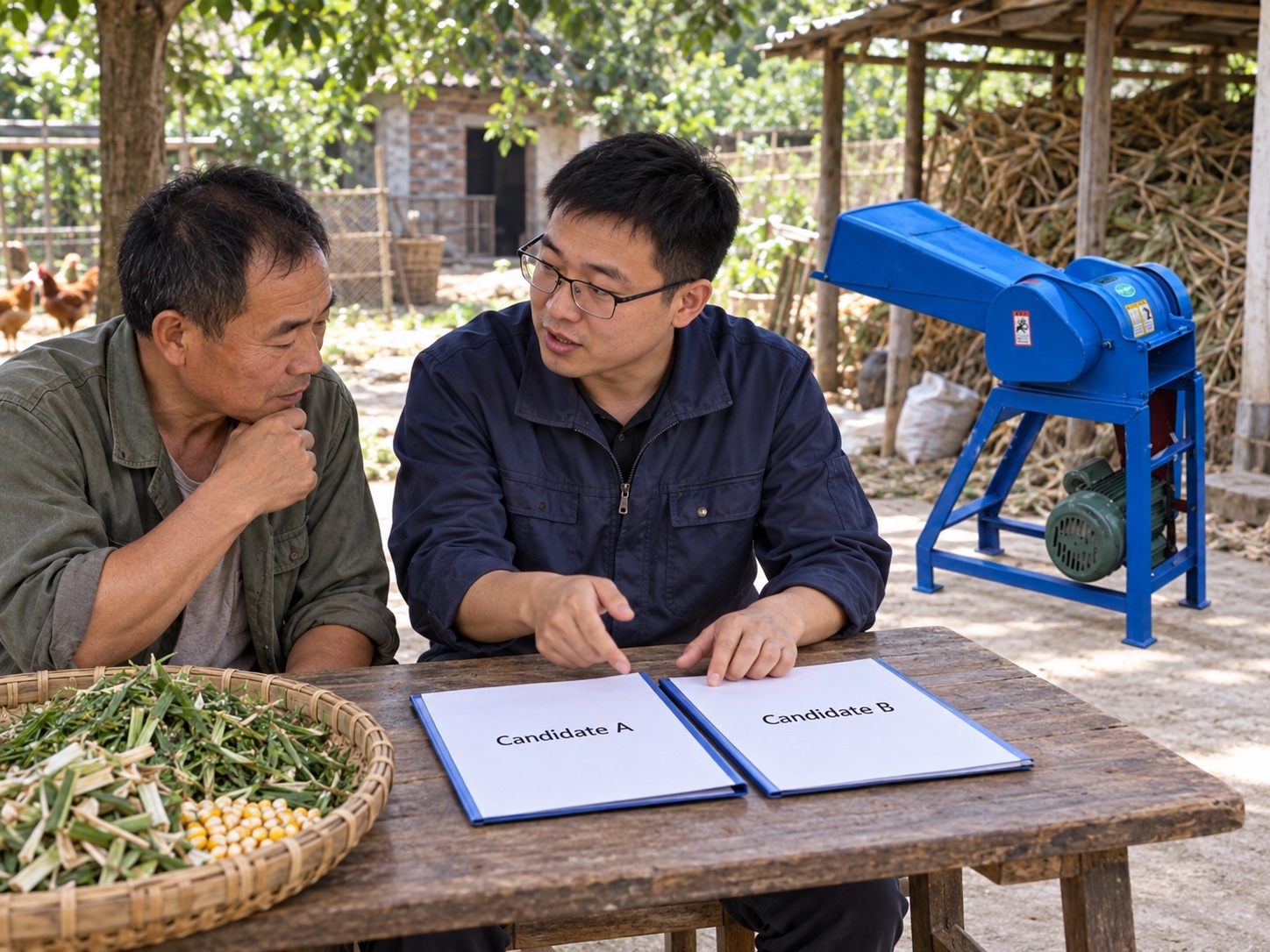 Farmer and equipment specialist comparing a documented shortlist with crop samples