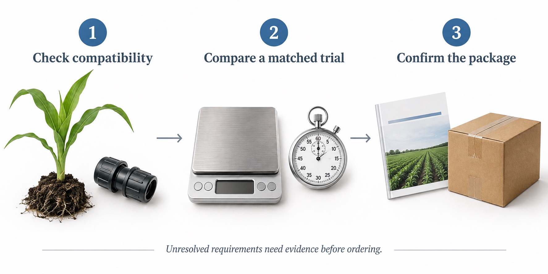 Buyer decision path from compatibility checks through a matched trial to written acceptance