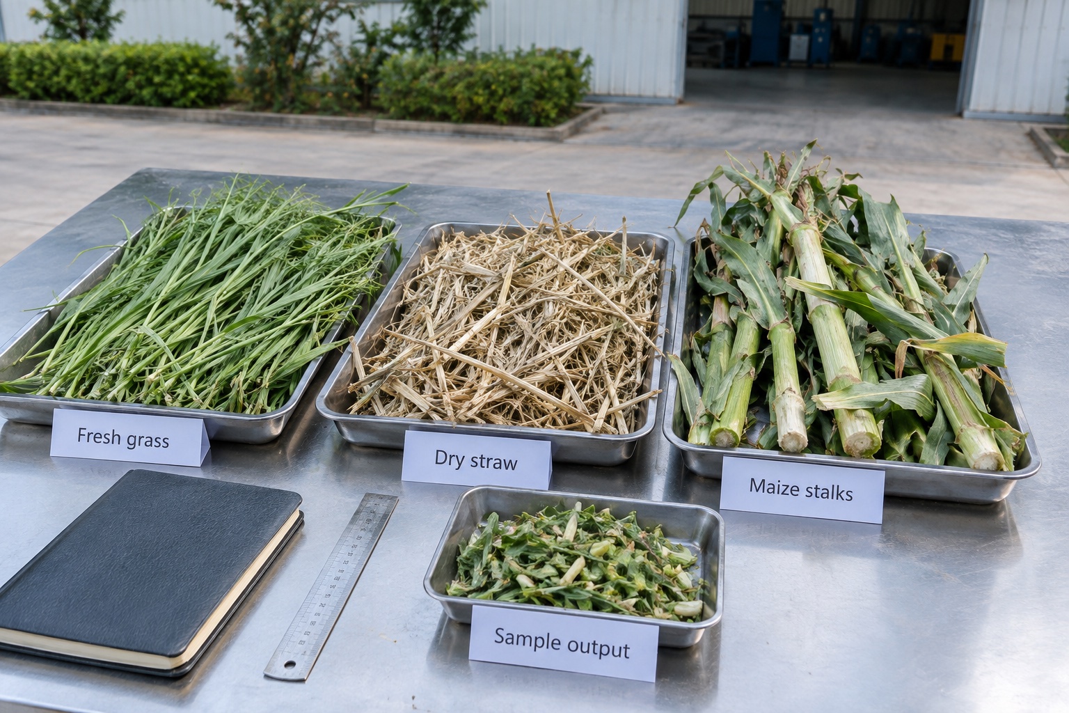 Fresh grass, dry straw, maize stalks and chopped forage sample trays