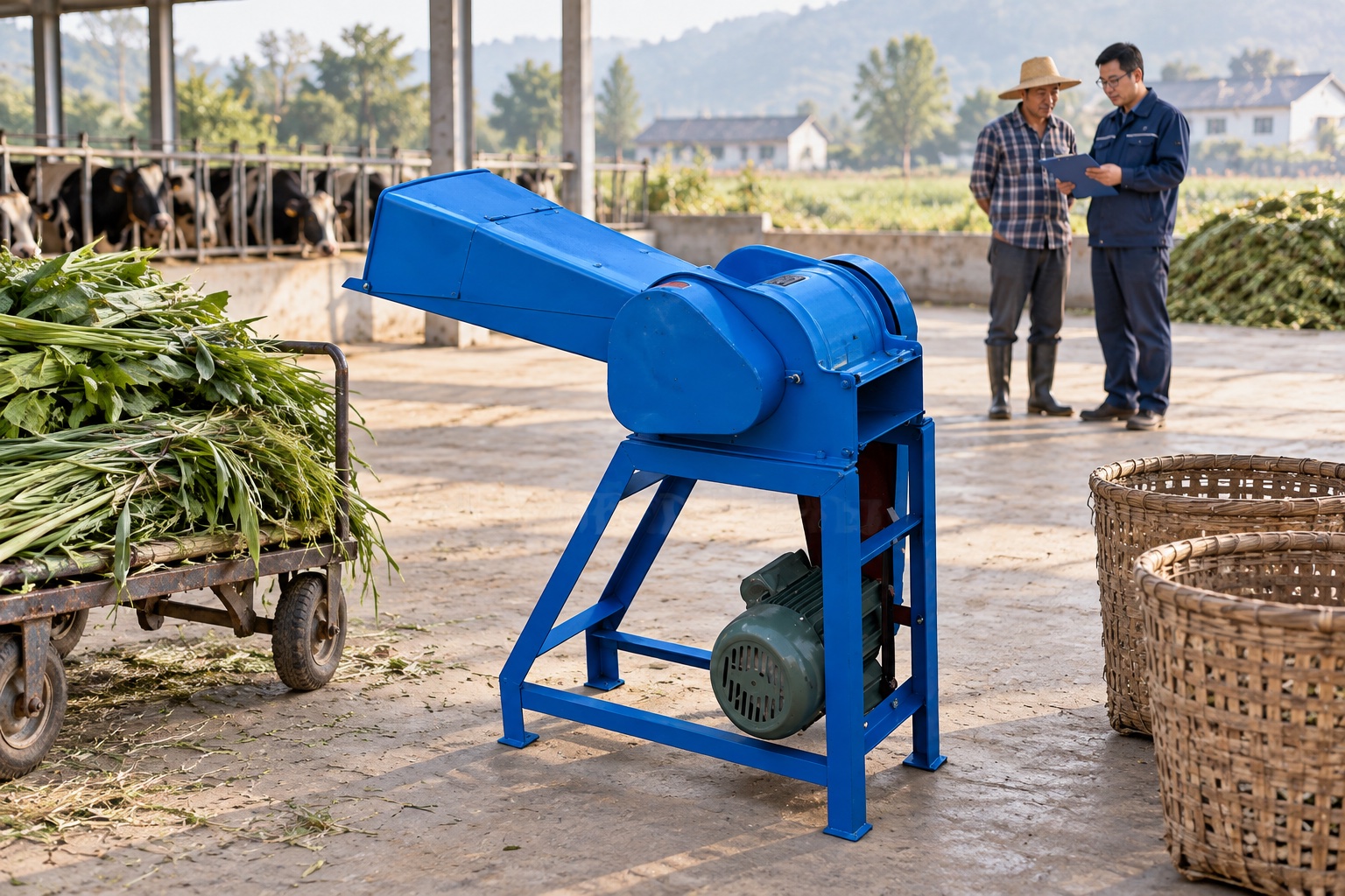 Compact Chaff Cutter machine beside staged forage and collection baskets