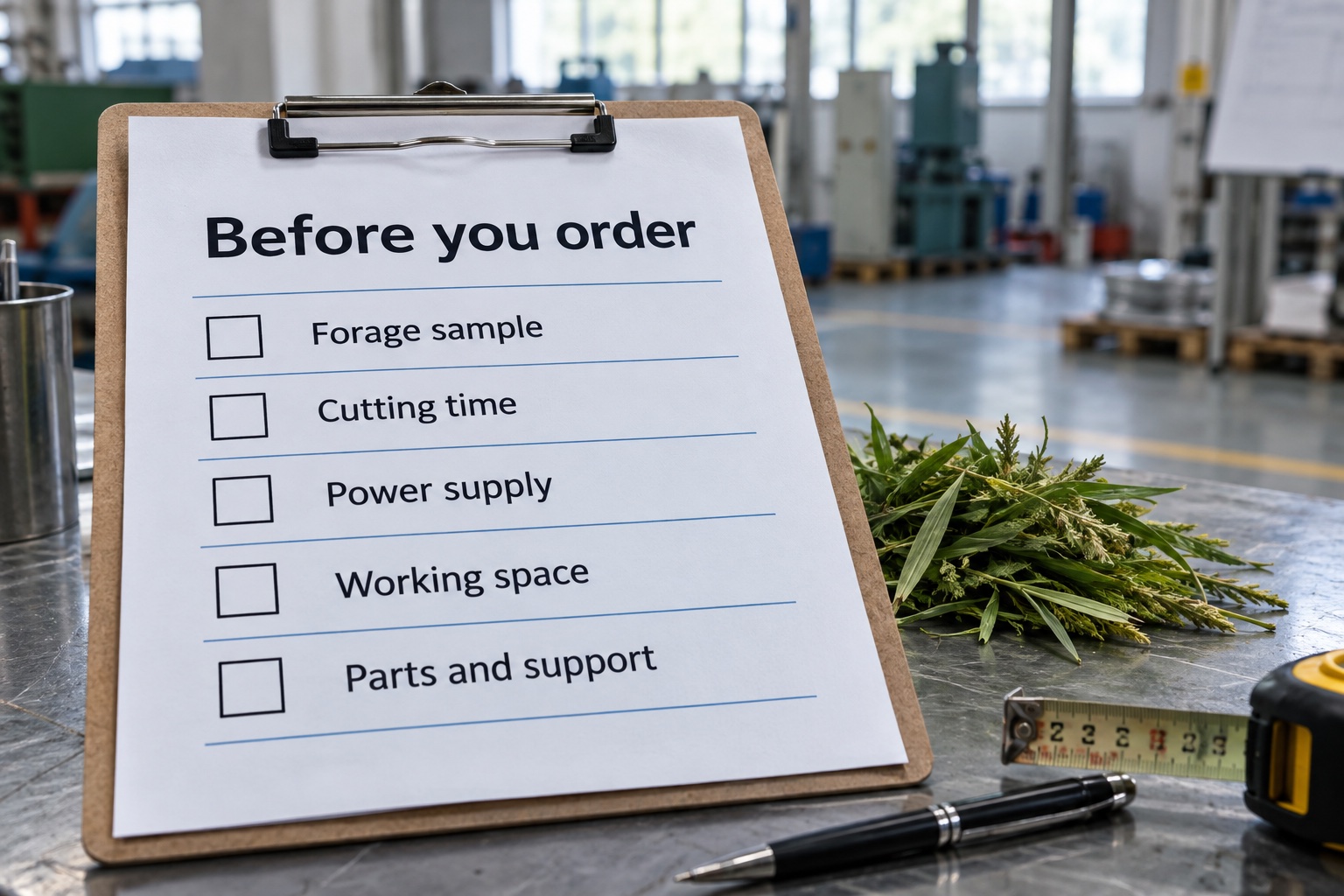 Final equipment selection checklist with forage, time, power, space and support entries