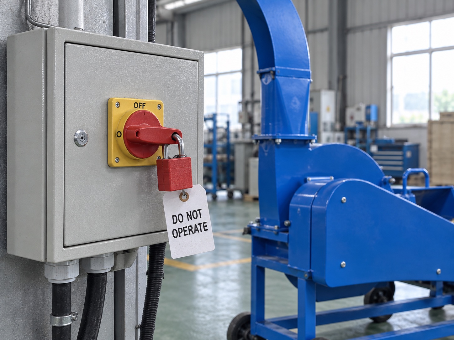 Stationary guarded feed machinery beside an isolated electrical supply