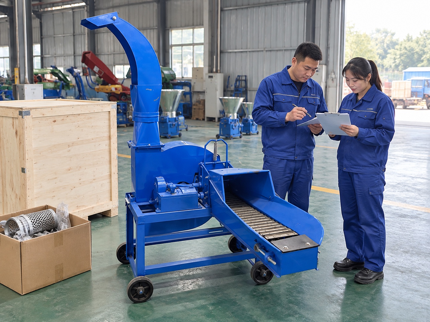 Factory representative and buyer checking a Chaff Cutter machine before dispatch