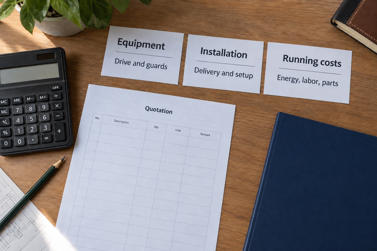 Purchase planning desk with separate equipment, installation and running-cost notes