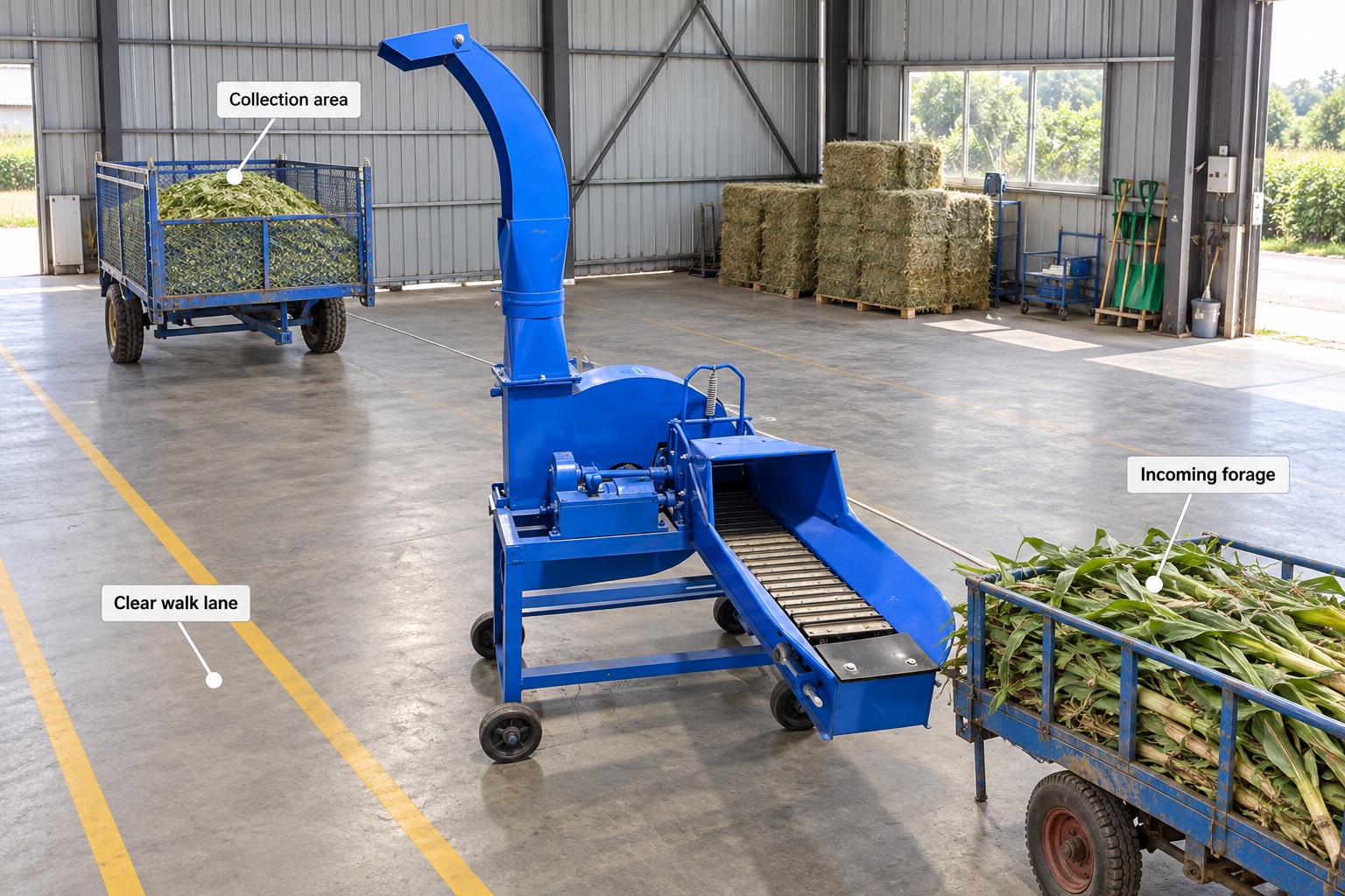 Chaff Cutter machine layout with incoming forage, walk lane and collection area