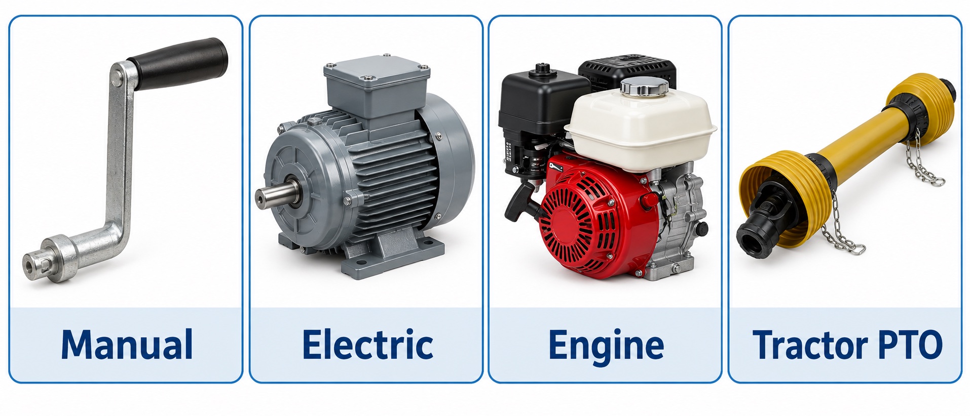 Drive-option comparison covering manual effort, electric supply, an engine and tractor PTO