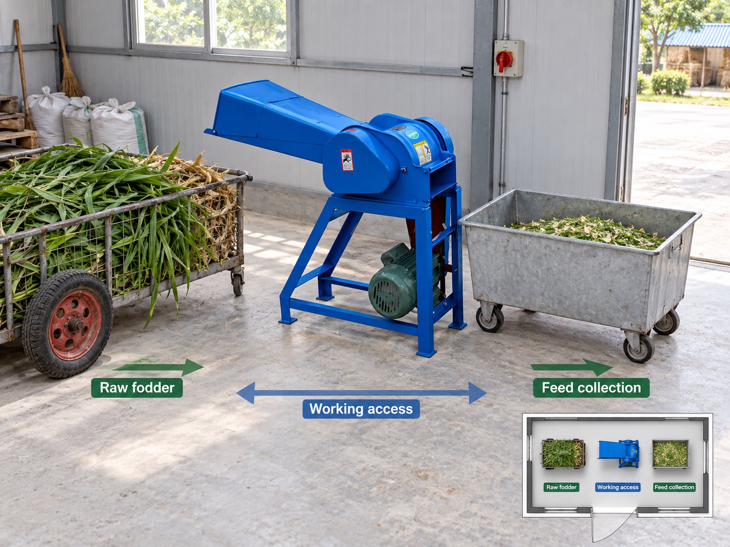 Working-space plan separating raw fodder, machine access and feed collection