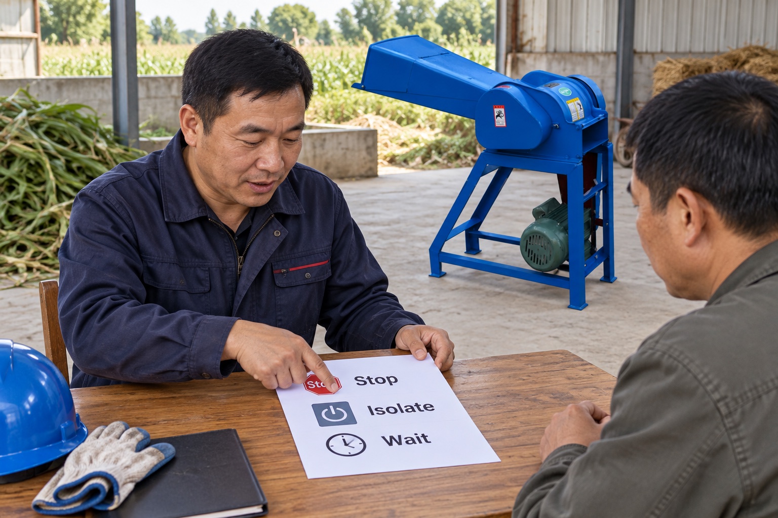 Operator reviewing stopping and isolation instructions beside stationary equipment